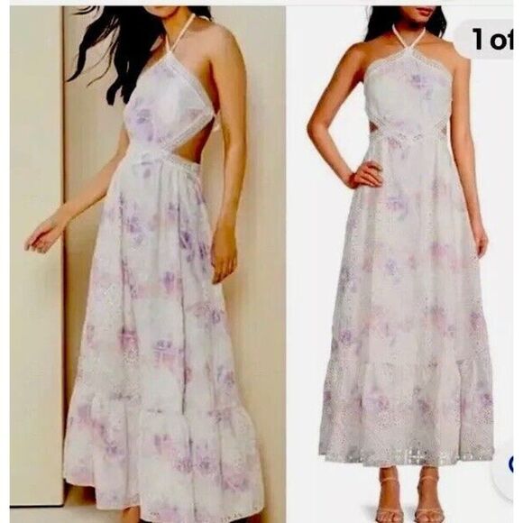 GIANNI BINI Delaney Embroidered Eyelet Halter Maxi DRESS Gown Size L - Picture 1 of 13